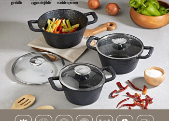 Amboss Klein 6 Parça Yanmaz Yapışmaz Döküm Granit Kaplama Tencere Seti - Cam Kapaklı