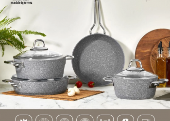 Amboss Shadow 7 Parça Yanmaz Yapışmaz Ezme - Granit Tencere Seti Gri